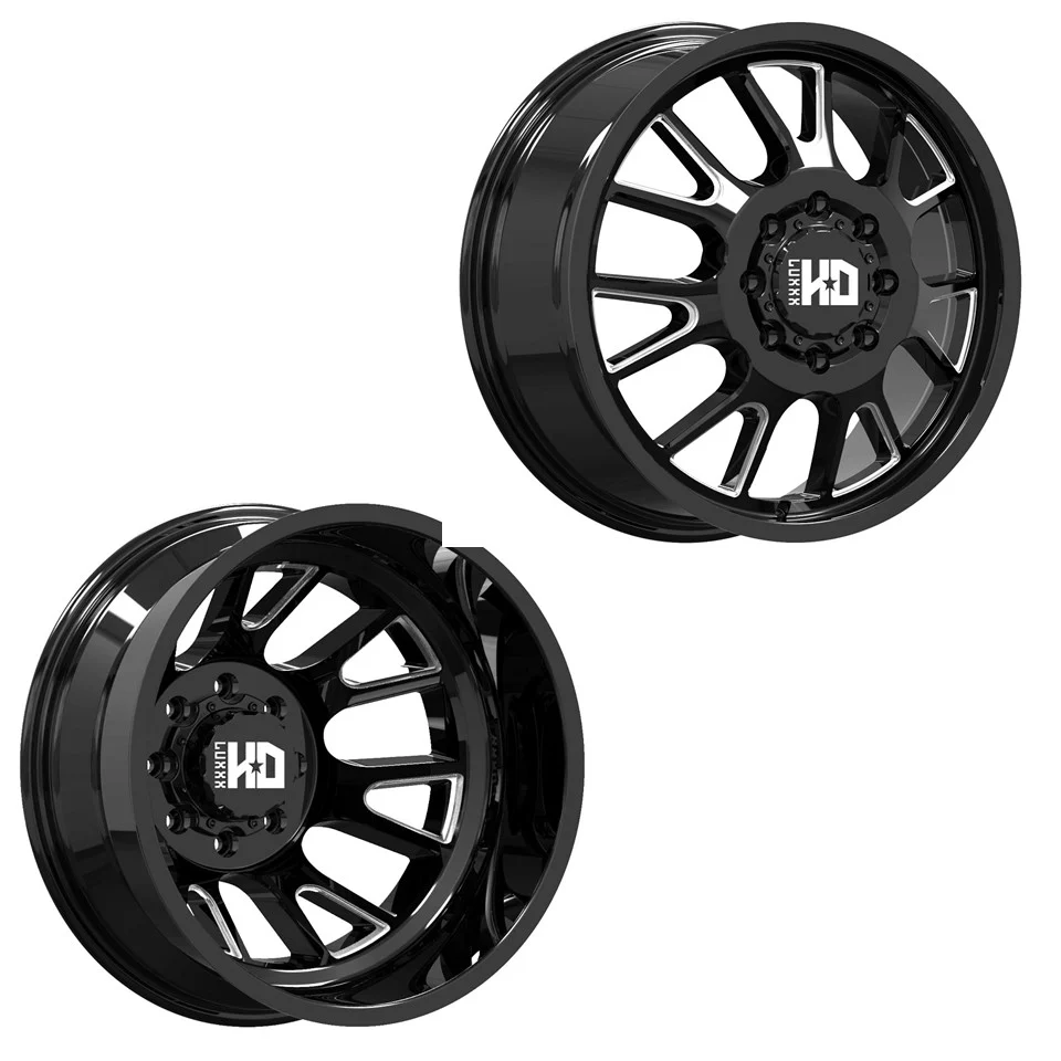 20x8.25 Luxxx LHD37 Blk Mill 05-UP FORD 19-UP DODGE DUALLY Wheels 8x200 Set of 6 (Fits up to 12.50 Tire)