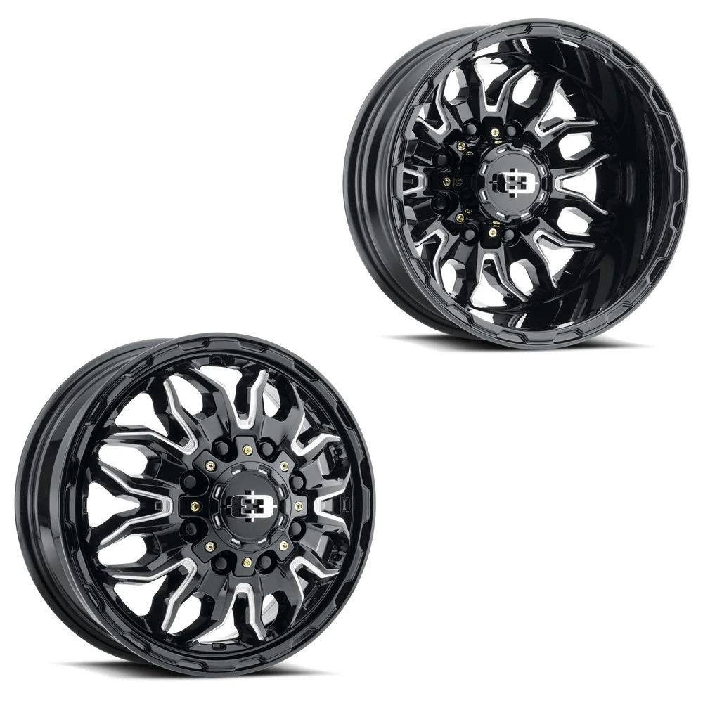 17x6.5 Vision 410 KorUPt Gloss Black Milled 05-UP FORD 19-UP DODGE DUALLY Wheels 8x200 Set of 4 (Fits Stock Tire Sizing)