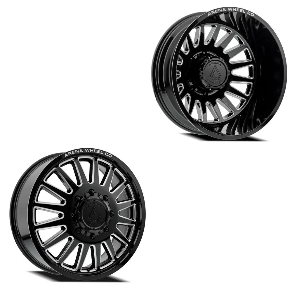 22x8.25 Arena A110 Rival Gloss Black and Milled 11-UP GM DUALLY Wheels 8x210 Set of 6 (Fits UP to 12.50 tire)