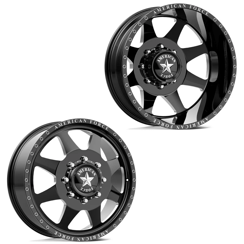 20x8.25 American Force DB02 Monument Gloss Black Milled PRE-11 GM DUALLY Wheels 8x6.5 Set of 6 (Fits up to 12.50 tire)