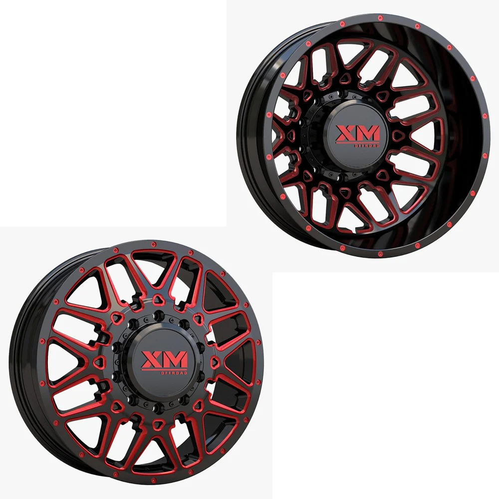 22x8.25 XM Off-Road XM-900 Black Red Milled PRE-19 DODGE DUALLY Wheels 8x6.5 Set of 6 (Fits up to 12.50 tire)