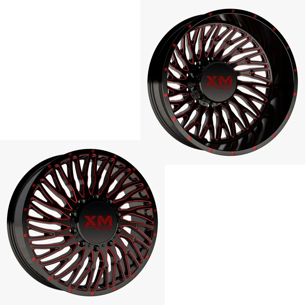 24x8.25 XM Off-Road XM-901 Black Red Milled FORD/DODGE FORD/DODGE DUALLY Wheels 10x225 Set of 6 (Fits up to 12.50 tire)