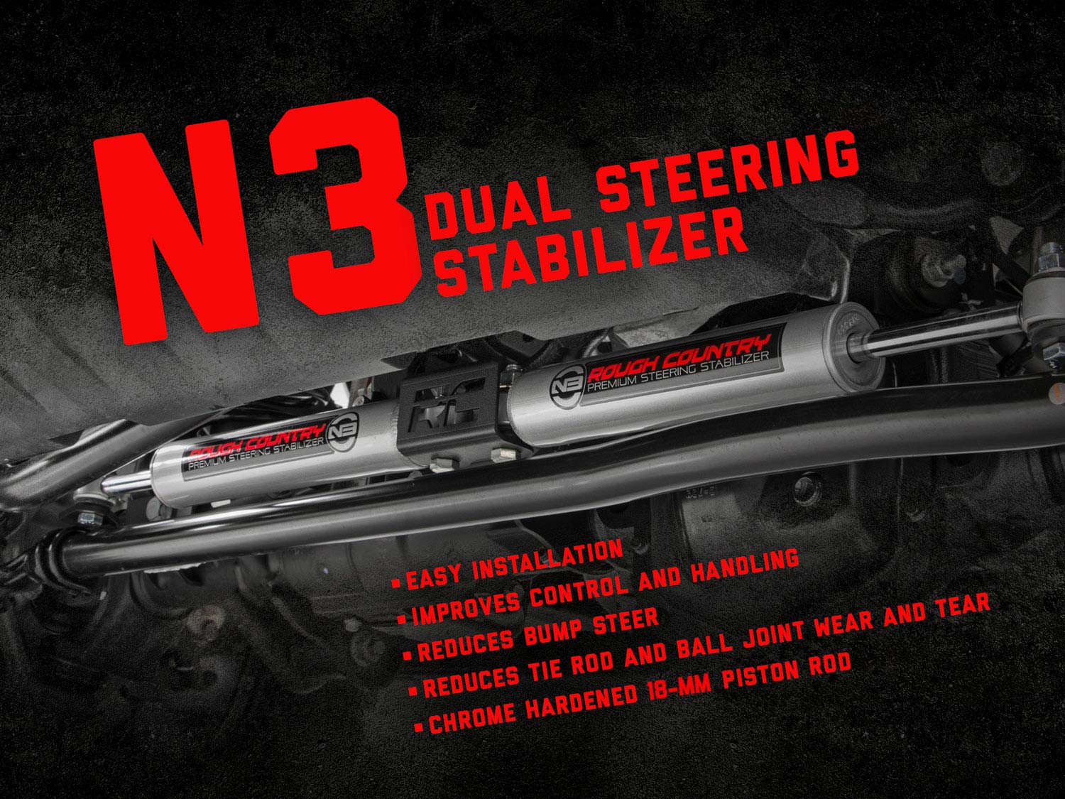 Rough Country N3 Steering Stabilizer Dual 2.5-8 Inch Lift Fits Dodge Ram 3500 4WD 2013-2025 - Image 3